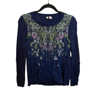 Anthropologie Moth Midnight Blue Paisley Silk Front Sweater